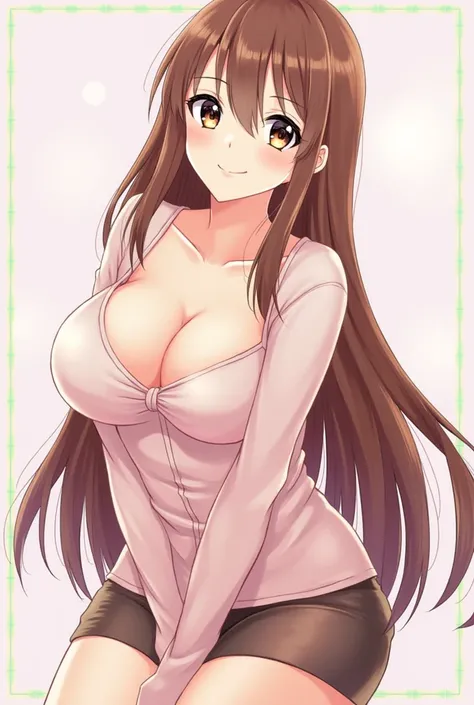 1 woman, pretty face , big heart milk tea eyes, color full long hair, sexy outfit, chest conspicuous, basic background . (HD picture ,  high-resolution , best quality,  Masterpiece,  Detailed Image , HD orientation, High pixels,  Anime Style)Look at the au...