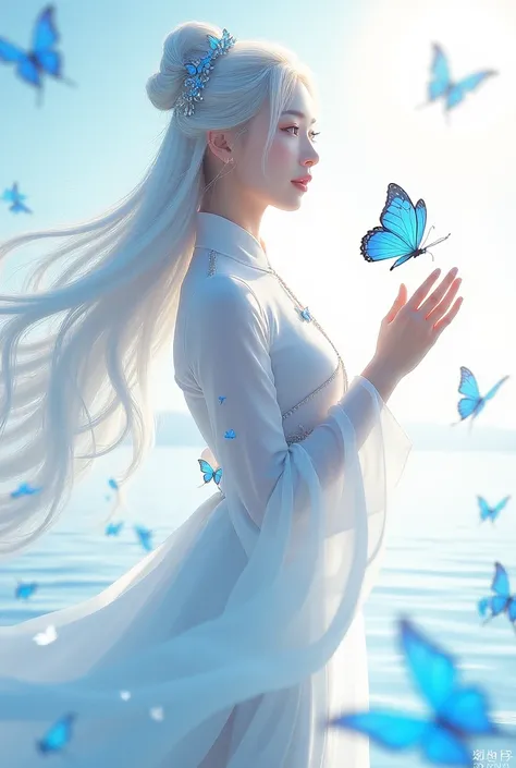 1 female, Clear water , blue butterfly,  Pure White Skirt ,  Glittering Girl， Chinese Clothing，whole body，Sunlight，Clear Skin ，  Clean White Background  ， masterpiece， Super Fine， Magnificent Composition ， Extremely Delicate ， Official Art ，8k wallpaper， S...