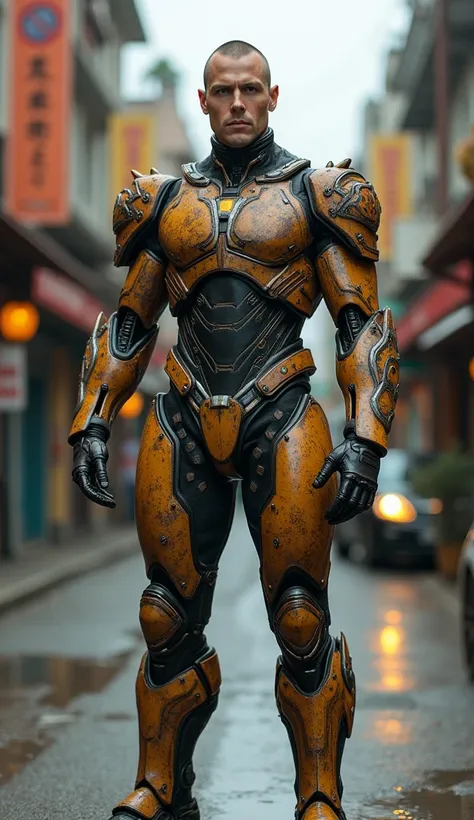 Full body image of an alpha male, perfect eyes, in a worn mecha suit, intricate, (steel metal [rust]), elegant, sharp focus, photo by greg rutkowski, soft lighting, vibrant colors, masterpiece, ((streets)), cowboy shot, dynamic pose,