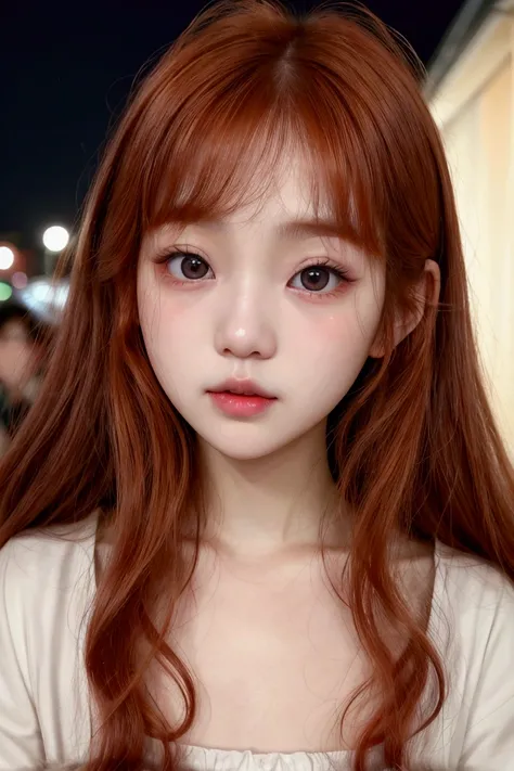 Pretty girl, korean girl, feminine face, pale white skin, big black eyes, cute, small nose, juicy lips, very long messy curly ginger hair, at night 