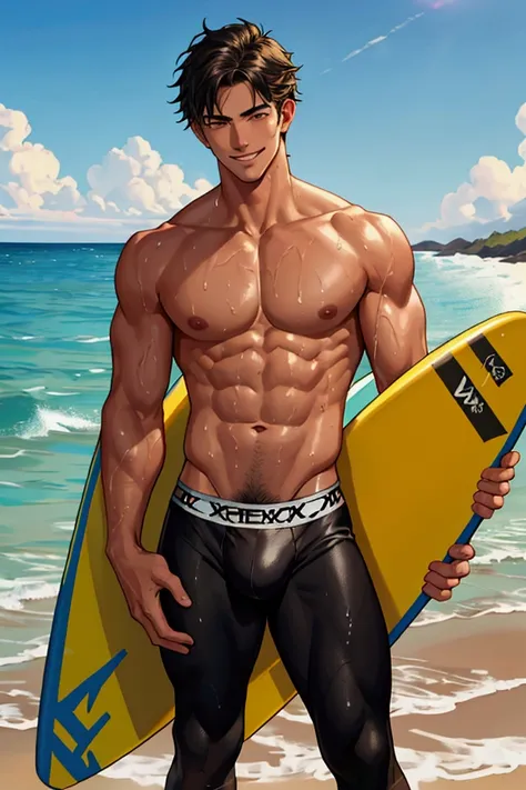 ((masterpiece)), (detailed), 1boy, a handsome young boy is standing on the beach by the surfer board, he is shirtless showing his lean body with abs , he is wearing a black long leggings hugging his all of his underpart tightly and highlighted his cock len...