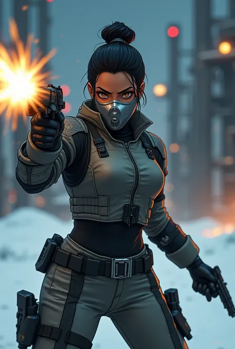 Create a beautiful and mysterious female vigilante. Shes Navajo and has short black hair in an bun like hairstyle, tan-bronze skin, and amber eyes. I want her to be dressed in a gray tactical suit with black armored adjacent, a metallic muzzle covering her...