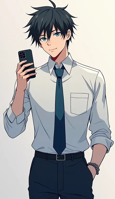  style, a man in a shirt and tie is standing,  with her phone in the hands of , handsome anime pose, handsome anime man,  Tall anime guy with blue eyes,  manga style Kentaro Miura ,  manga Kentaro Miura style, young anime man,  behind him as an anime chara...