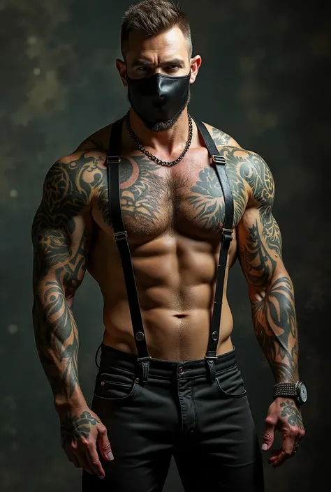 SEXY KINKY MAN WITH TATTOOS, WEARING MASK, WEARING LEATHER OUTFIT, LEATHER PANTS, LEATHER HARNESS, SHORT FACIAL HAIR, HAIRY CHEST
