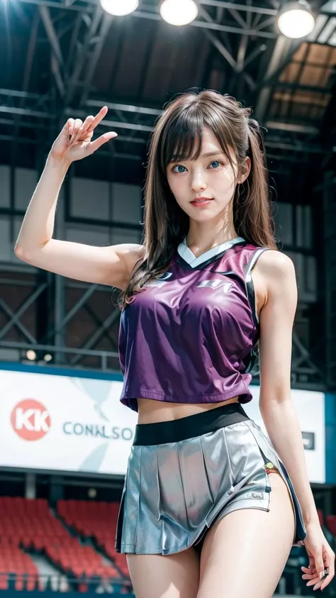 A beautiful young Japanese woman, 20 years old, with perfect anatomy, healthy thighs, beautiful feet, flawless skin, random hair color and style, large bust, (she is standing:1.2), wearing a cheerleader uniform with micro-pleated miniskirt, in a full body ...