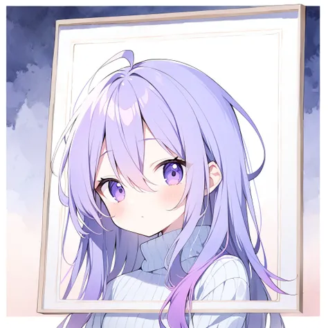  1 girl , watercolor、 multi-colored hair((  long、Purple 、blue))、purple gradient long bangs ((  hair between eyes ))、turtleneck long sleeve shirt、 The background or frame is a background with rounded corners , 