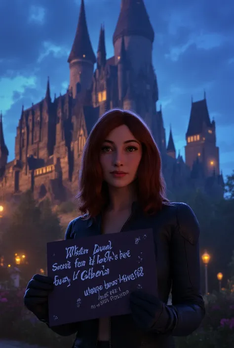 Scarlett Johansson from Black Widow standing confidently, holding up a sign with the message THANKS SEAART ❤️. In the background, an enchanting, magical castle looms, with turrets and spires reaching towards a twilight sky. The scene is set in a cinematic ...