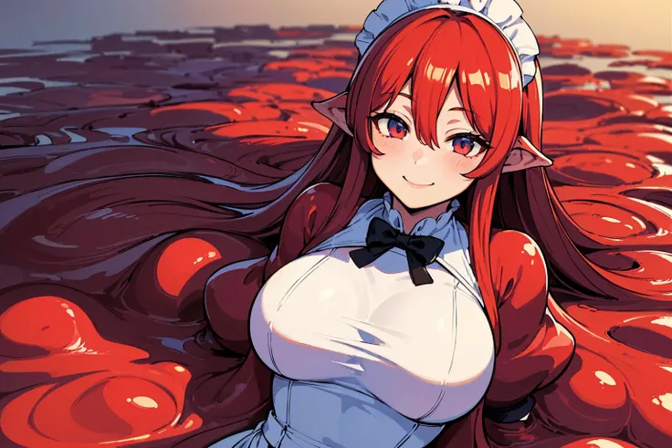 ((masterpiece,best quality,ultra-delicate,Perfect Face,detailed eyes,16k,high resolution,very beautiful girl)),((red slime body ,Best Anime,melting body)),sharpnes,clear,The Art of Phenomenal Depictions,melting red long hair,(1 girl),large breasts,(Maid co...