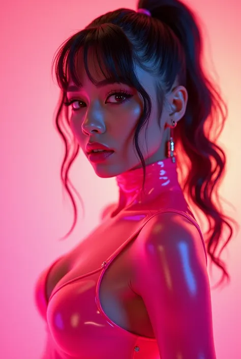 NSFW, A very young stylish idol with glossy transparent lipstick, smiling face, defined eyebrows, edgy makeup, long eyelashes, full body, wearing a sheer neon pink latex body, colorful hair,  (best quality, 4k, 8k, highres, masterpiece:1.2), ultra-detailed...