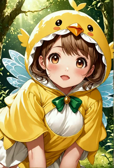 Anime illustration style, girl in cute chick costume, silly expression, This is cute fantasy art that looks like a fairy tale picture book, ultra detailed, absolutely resolution, masterpiece