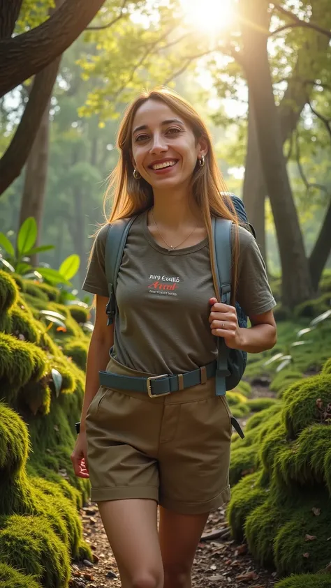 A beautiful young woman hiking through a magical Disney-like forest, surrounded by vibrant trees, colorful birds, and soft glowing light. She is smiling warmly, wearing detailed mountain hiking gear, including a sturdy backpack. Her outfit features a styli...