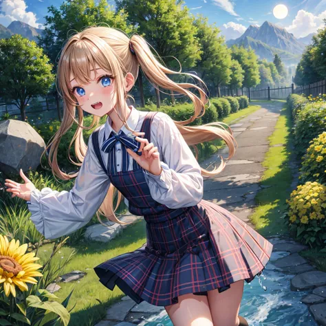 Chestnut Hair、 blue eyes、 has hair tied、Two cute、 plaid mini skirt、 BLACK T-SHIRT、 Long Sleeve 、 dress、 striped high socks sprinkling water、Teeth are visible、lawn、The stone is cracked、Uneven ground、The road is curved、tree、Mountain々、vermilion box、diagonal、 ...