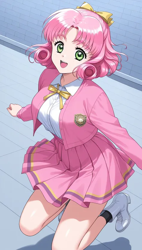 Representative works、 top quality、Good quality、MinagawaNana、1girl、solo、 pink hair、 short haired 、Green Eye、Curly Hair、ヘアribbon、黄色いribbon、 normal breasts、1990s( style )、Kakui Aya-ryu 、  pink skirt、 school uniform、smile、 open your mouth、 ribbon、 Long Sleeve ...