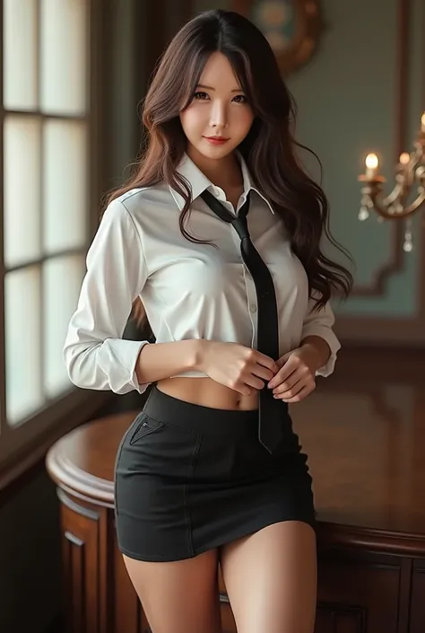  short skirt tight , White shirt, tie, loose hair , sexy, Very short skirts,  position to show hips,  attractive  , Top quality, Female idol