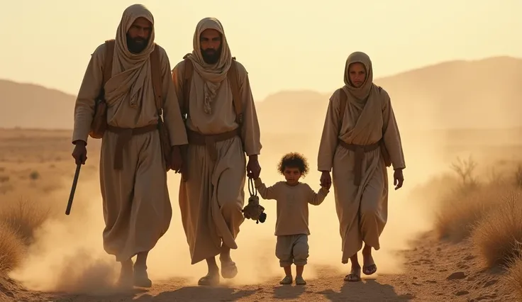 A family of refugees walking through a dusty landscape carrying bags, with a small  clinging to a worn-out toy.