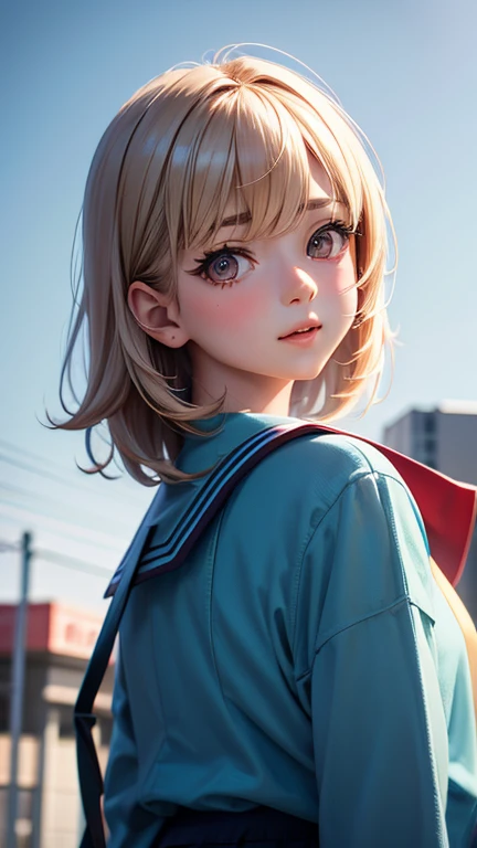 a cute anime teenage girl in a Japanese school uniform, wolf cut hairstyle, beautiful detailed face, perfect body ratio, (best quality,4k,8k,highres,masterpiece:1.2),ultra-detailed,(realistic,photorealistic,photo-realistic:1.37),HDR,UHD,studio lighting,ult...