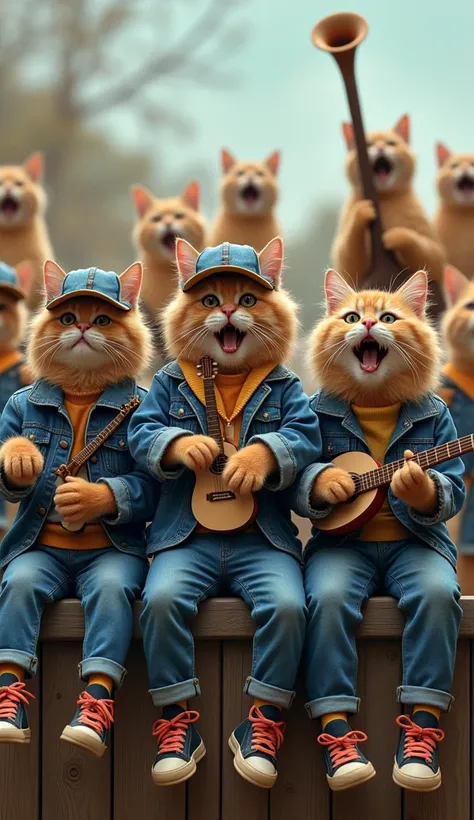  4 cool  , funny ,   dressed in different colored denim clothes, baseball caps , sneakers,  realistic cat , fluffy,  woolen fur ,  sitting singing and holding an accordion in his hands in the middle playing,  mouth slightly ajar , smiles,  on the fence ,  ...