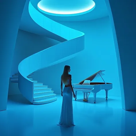 that&#39; Full of deep blue light , Majestic, Modern Museum Ice Blue Interior , There is a large spiral staircase in front of the building ., There is a white grand piano,  blonde long hair, One elegant Russian woman ,  wear a white tight long dress,  side...