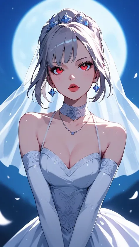 "A captivating girl with striking red eyes, wearing a stunning wedding dress, exuding an intense and alluring presence. She wields a glowing sword with a radiant shine, poised for action as she hunts monsters. The image style is dramatic, rendered entirely...