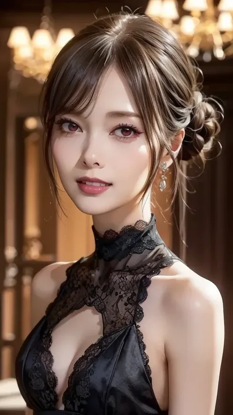 upper body, from front, look at viewer, ((nsfw)), 
1 girl, sexy and beautiful girl, (happy smile), slender, small face, ((shiny skin)), (((large Breasts))), 
Bun Hair, Blunt Bangs, 
(shiny pink cheeks), glossy red lips, (Purple eyeshadow), Dark eyeliner, D...