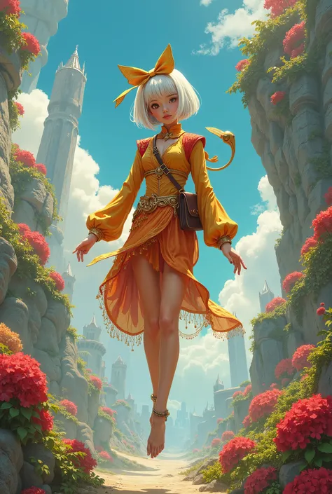  White Hair Short Bob Wearing Golden Red Bow Headband Wearing Golden Red Game World Travel Costume Floating on Future Filled Floating Island （style of painting：Exotic Comic  ）