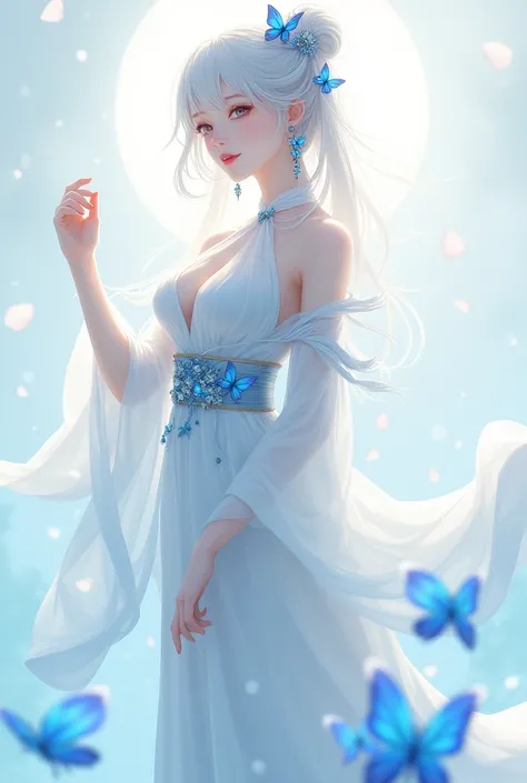 1 female, Clear water , blue butterfly,  Pure White Skirt ,  Glittering Girl， Chinese Clothing，whole body，Sunlight，Clear Skin ，  Clean White Background  ， masterpiece， Super Fine，Big breasts， Magnificent Composition ， Extremely Delicate ， Official Art ，8k ...