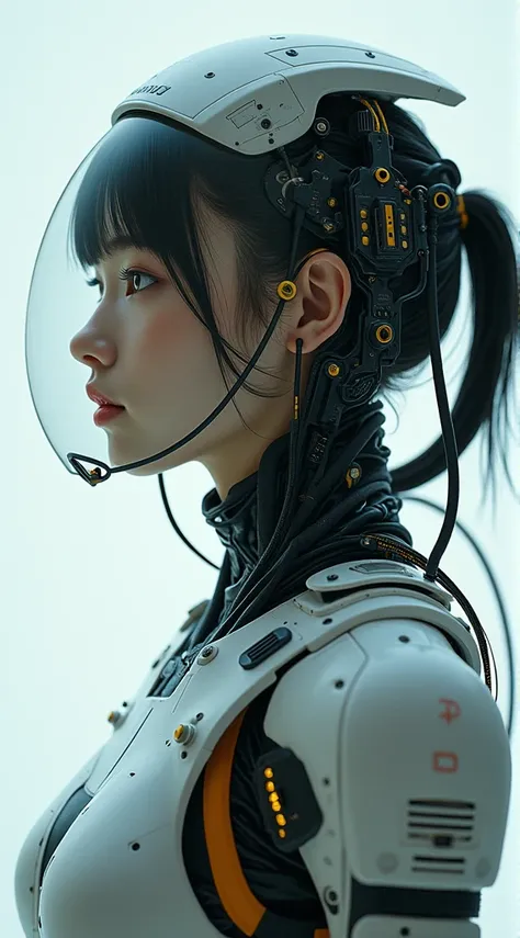  1 girl, ,  Legs Out of Frame, cyborg, electronic, cable,  costume, 日本の16 years old、transparent shield on the face