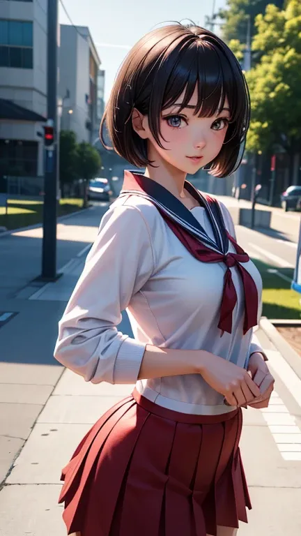 a cute anime teenage girl in a Japanese school uniform, wolf cut hairstyle, beautiful detailed face, perfect body ratio, front view, camera view, perfect background, (best quality,4k,8k,highres,masterpiece:1.2),ultra-detailed,(realistic,photorealistic,phot...