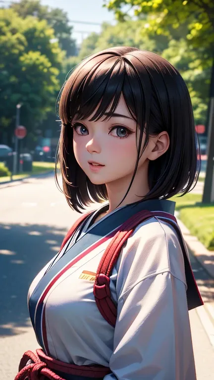 a cute anime teenage girl in a Japanese school uniform, wolf cut hairstyle, beautiful detailed face, perfect body ratio, front view, camera view, perfect background, (best quality,4k,8k,highres,masterpiece:1.2),ultra-detailed,(realistic,photorealistic,phot...