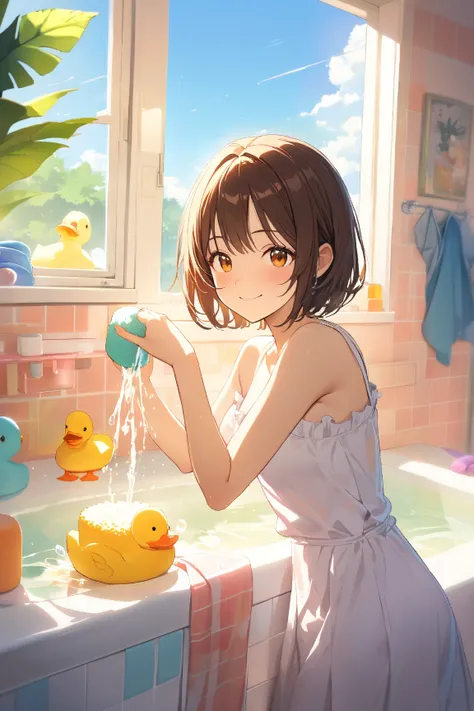 1 girl, (adorable face), , short hair, (playful expression), small breasts, (splashing water:1.2), colorful bath toys around, BREAK  
Bright and cheerful bathroom, vibrant tiles, (duck-shaped sponge), sunlight filtering through the window, BREAK  
(natural...