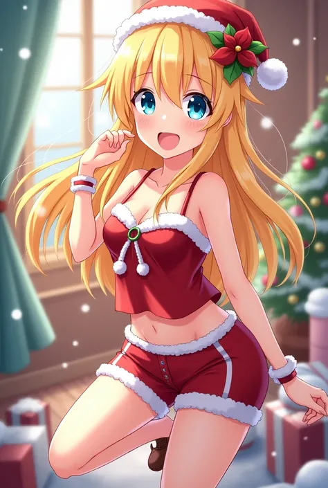 female, ,  blonde hair,  blue eyes , Christmas top and shorts(anime)