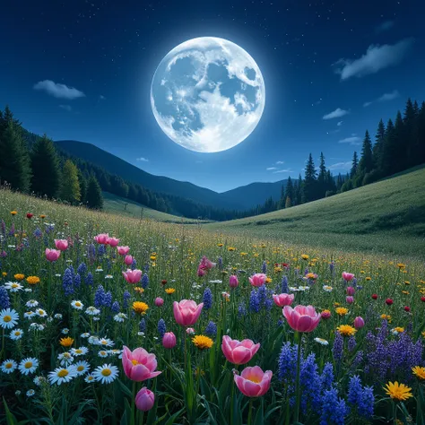 An ultra-realistic nighttime meadow filled with a variety of vibrant, colorful flowers, including daisies, tulips, and wildflowers, gently swaying in a soft breeze. The moon, large and heart-shaped, glows with a radiant, ethereal light, casting a silver-bl...