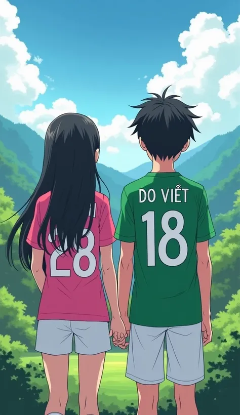 anime boys and girls from behind,  girl wearing football shirt number 28 in pink with name NHU Y long hair, and boy number 18 in green with name DO VIET , unmarked  ,white letters and hands in white pants pocket  ( on the left hand wearing a black pool ), ...