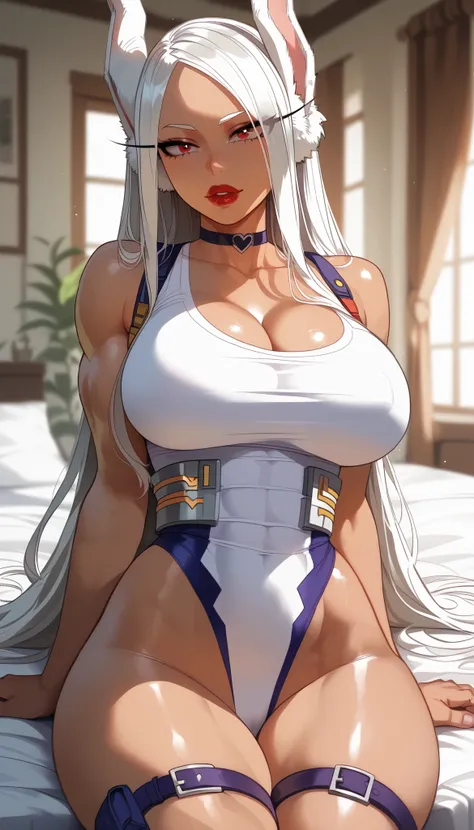  perfect eyes、 perfectly sexy face、 ultra detailed、ultra perfect eyes、Rumi Usagiyama、calm、 Boku no Hero Academia 、 long straight hair 、 shiny hair 、( Big breasts ), showing cleavage、Tight Waist、 thin waist 、 Thigh straps 、 shiny skin、pele morena、Beleza、ero...