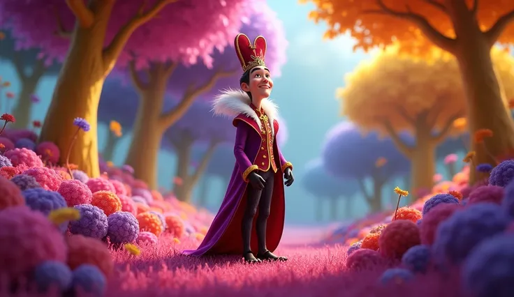 From the story Alice in Wonderland, show the king standing in the multicolored garden, surrounded by trees with yellow trunks, purple leaves and pink grass. He is amazed by all those colors. Image in Disney Pixar style.