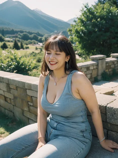 ((((Bbw)))) a woman sitting on a stone wall with a mountain in the background, long hair, breasts, smile, blonde hair, cleavage, medium breasts, closed eyes, earrings, outdoors, sky, day, pants, necklace, grin, bracelet, tree, tank top, denim, jeans, white...