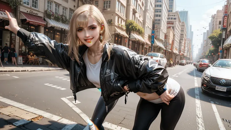  is the best quality,   ultra-high resolution  , (Realistic:1.4), 1 Girl, loose and oversized black jacket,  white sports underwear , (Yoga Pants:1), ( light brown hair:1.2), llooking at viewer, Smile, Foote Body, street, Urban, cosmetic, Wide Angle