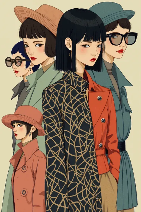 A collage about materialism through the lens of high fashion clothing objects in the spirit of french illustrator Moebius with sexy japanese fashion models, 