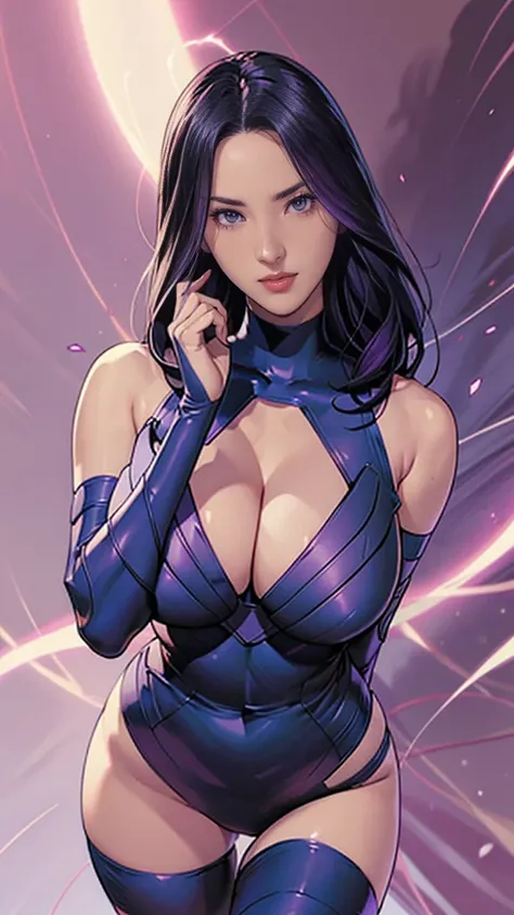 Half-length portrait，psylocke:1, Serious eyes， from Marvel Comics，Big Breasts， tights ，hands crossed， reveals cleavage and thighs，Smile. Bright Makeup，bust，masterpiece
