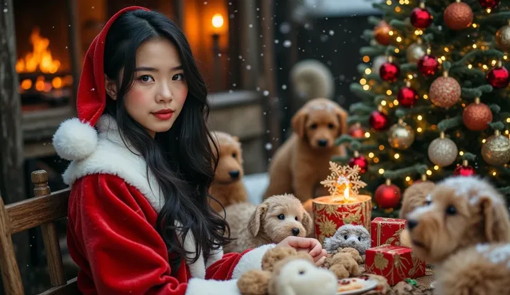 (RAW photo, real photo, high quality, masterpiece), (winter Christmas eve, woman with Santa Claus uniform and many different animals sit inside the horse stable and eating in front of wood fire, old and ruin horse stable, snowing, Christmas tree with color...