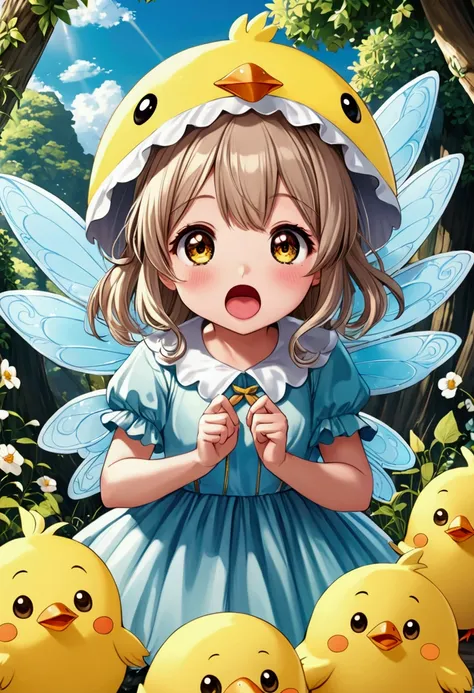 Anime illustration style, girl in cute chick costume, silly expression, This is cute fantasy art that looks like a fairy tale picture book, ultra detailed, absolutely resolution, masterpiece