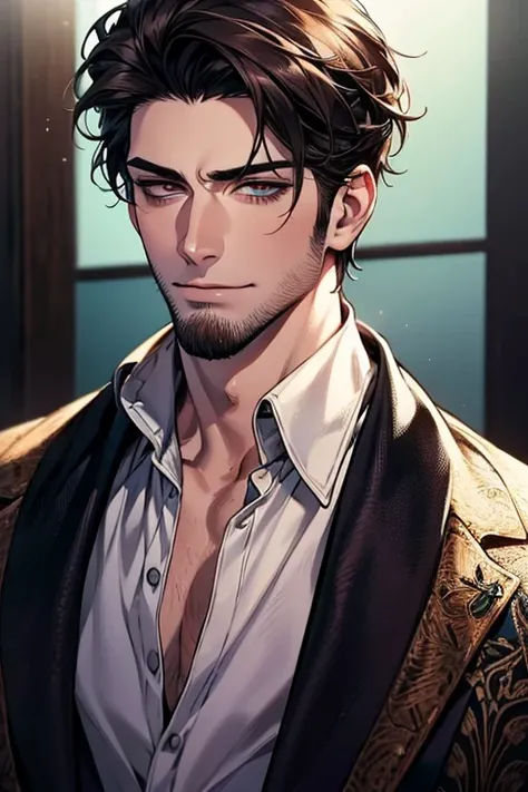 (best quality,4k,8k,highres,masterpiece:1.2),ultra-detailed,(realistic,photorealistic,photo-realistic:1.37),30 year old man,3 day beard,handsome anime,portraits,strong,masculine,dark hair,sharp jawline,mesmerizing eyes,perfectly styled hair,cool anime outf...