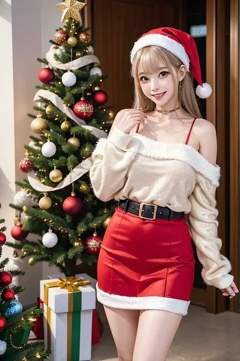 8k, real, realistic , cute girl,Cute idol,23 years old, Christmas tree, Santa cosplay, miniskirt, glitter, Holding a Present , and a surprised smile, miniskirt,Natural,Light hair color.