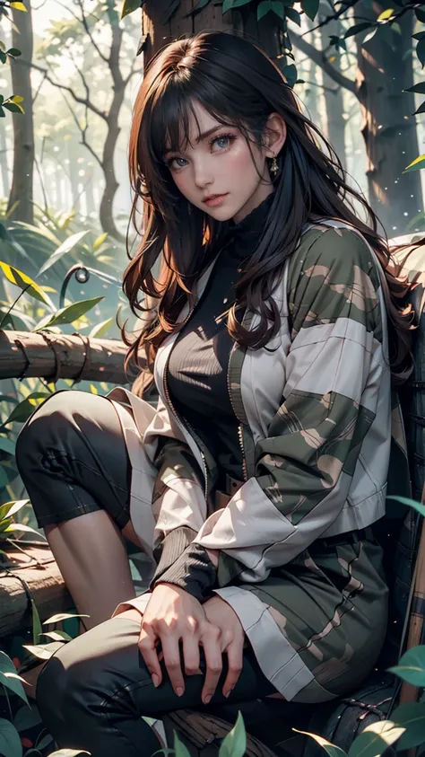 24 year old Caucasian female、 long lashes、Eye Makeup、 lip gloss、Ghillie Suit（gillie suit)、Disguised in the woods 、Sniper(sniper)、Sniperライフルを抱える、 crouching down on one knee 