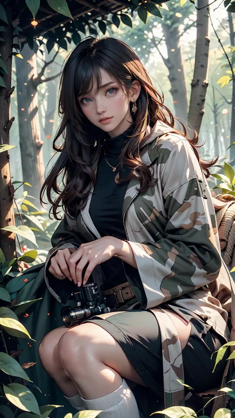 24 year old Caucasian female、 long lashes、Eye Makeup、 lip gloss、Ghillie Suit（gillie suit)、Disguised in the woods 、Sniper(sniper)、Sniperライフルを抱える、 crouching down on one knee 