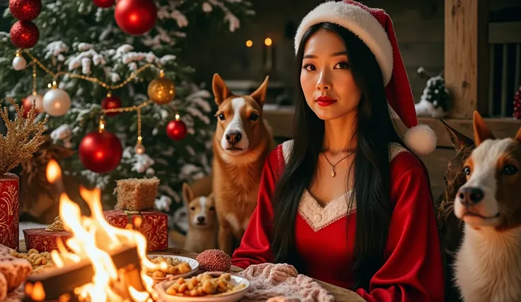 (RAW photo, real photo, high quality, masterpiece), (winter Christmas eve, woman with Santa Claus uniform and many different animals sit inside the horse stable and eating in front of wood fire, cleavage, old and ruin horse stable, snowing, Christmas tree ...