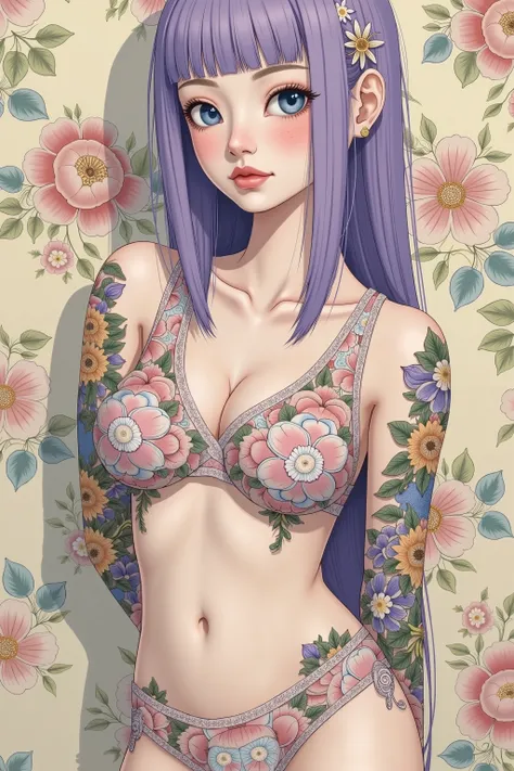 A mesmerizing surreal illustration of a young japanese woman. She has pastel purple hair with blunt bangs, blue eyes, and wears a vibrant pastel colored outfit adorned with intricate floral patterns. Freckles dot her smooth, warm complexion, and bold, colo...