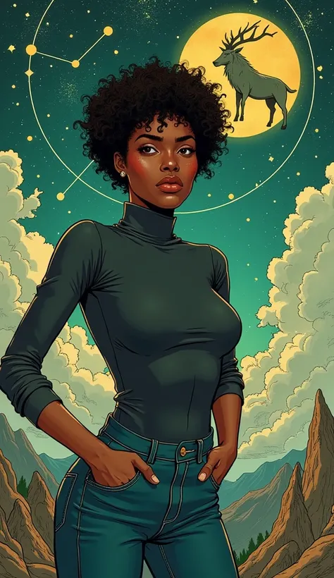 A Black woman with short, curly hair, wearing a fitted dark gray turtleneck and jeans. She poses confidently in front of a celestial backdrop filled with Capricórnio’s constellations and symbols, such as a glowing mountain goat and rugged peaks. The colors...