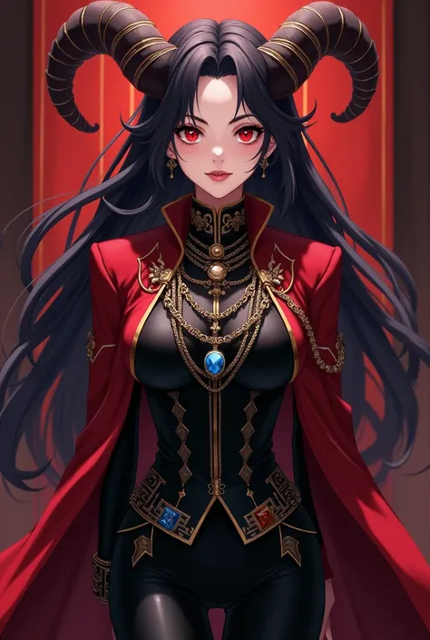 Demon woman anime drawing .  Black hair and red eyes . Dont draw horns - dont . 
 clothes : 
 A black suit that fits the whole body .  With a red cardigan over it .  Decorated with chains and encrusted with precious stones .  clothes  должна быть аристокра...