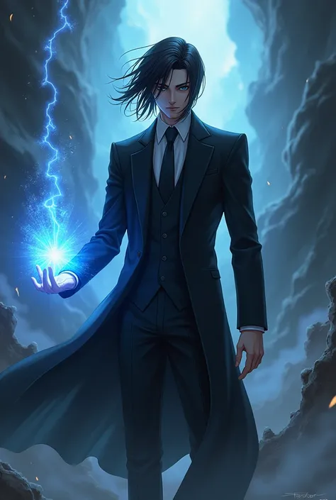 Black Hair,Black Suit,male,Anime Style,Black Eye,Holding a blue light in one hand,fantasy background